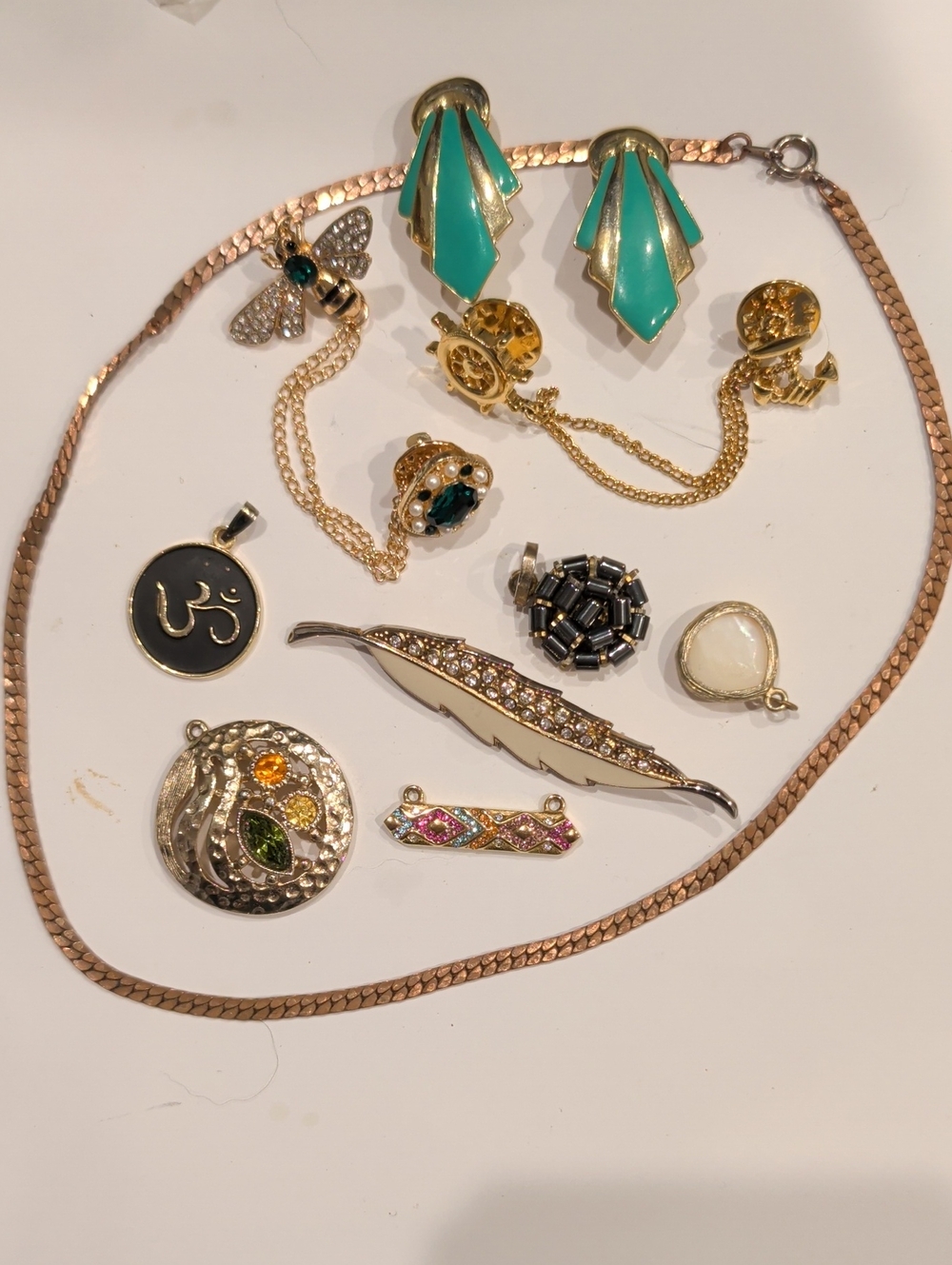Gold-Tone Jewelry Set with Teal Enamel Earrings